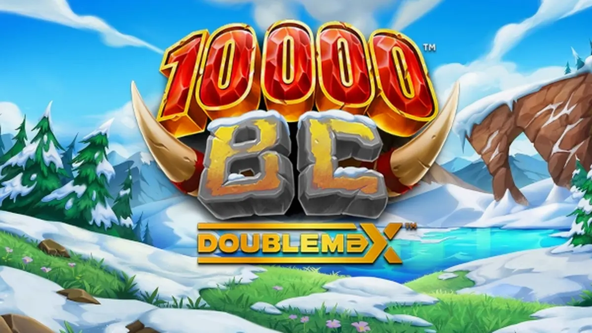 Ang 10000 BC DoubleMax slot ay nagtatampok ng mga higanteng Gigablox symbols sa isang snowy na landscape.