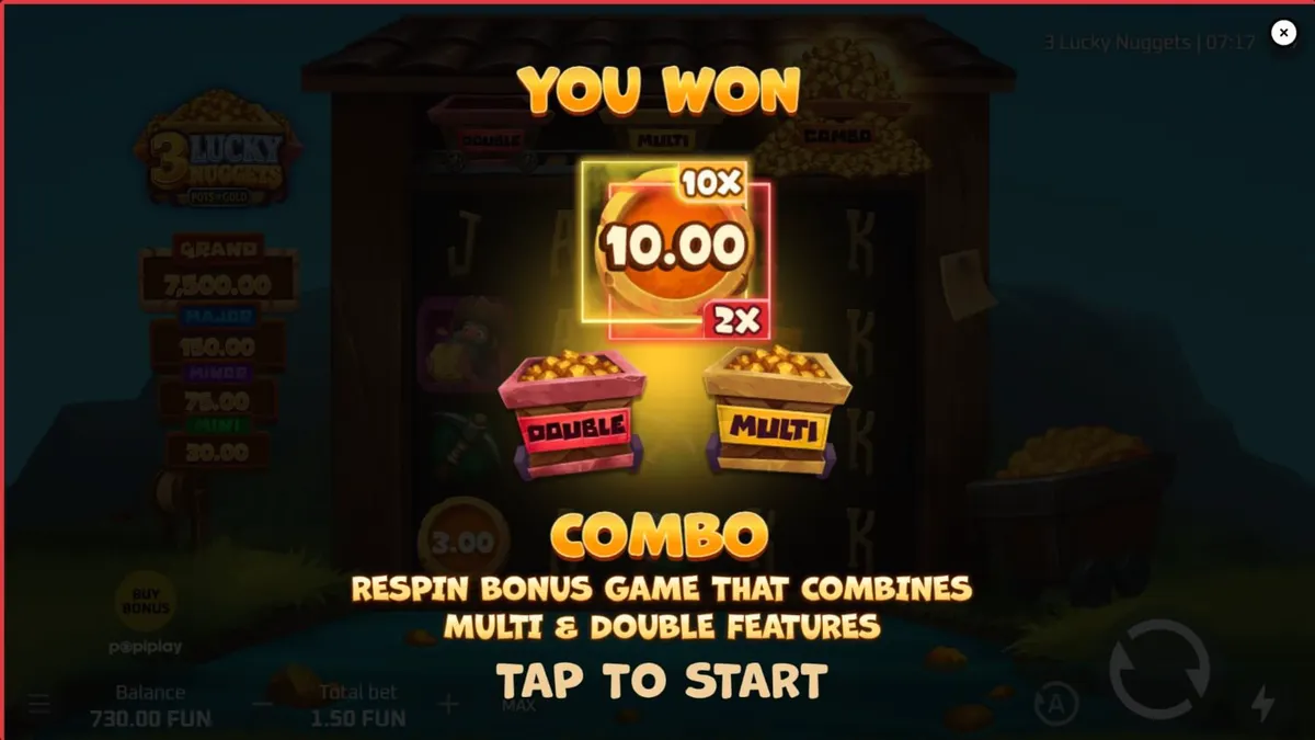 Visual na disenyo ng 3 Lucky Nuggets slot na may temang pagmimina at ginto